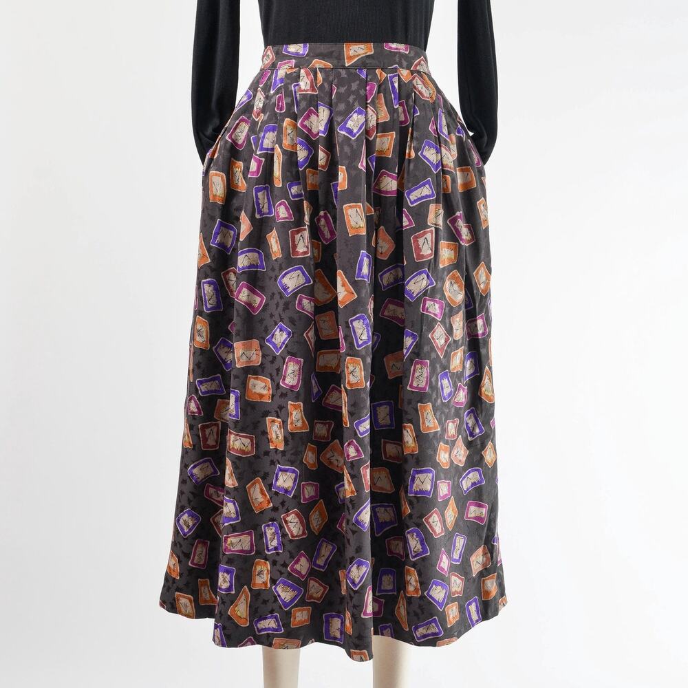 Vintage 80s Gray Geometric Silk Metallic Full Pleated Midi Skirt with Pockets S